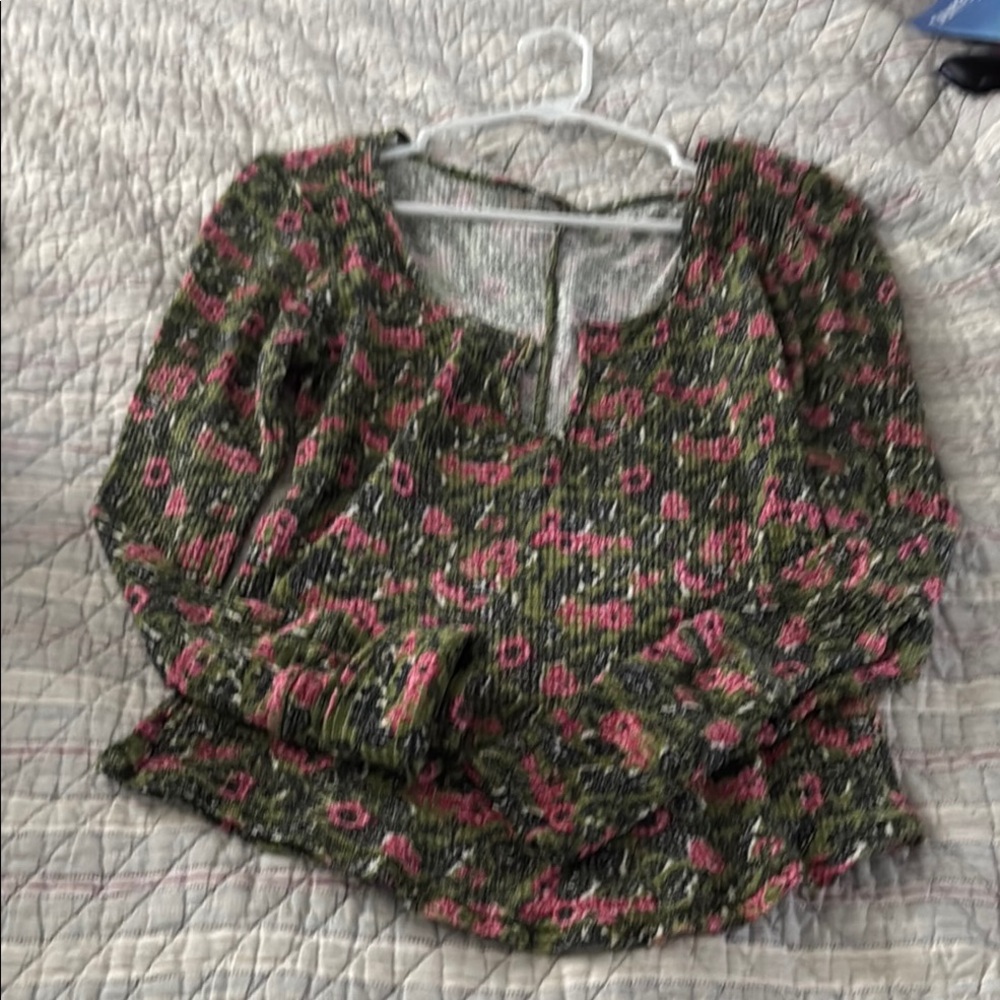 Free People Floral Knit Top - Green and Pink